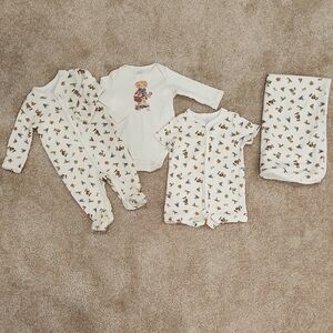 Ralph Lauren Baby Bear Gift Set - 2 Bodysuits & 1 Coverall & Blanket Sz 3 Mths